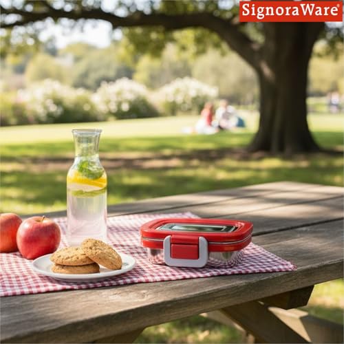 Image of Signoraware Lock N Store Stainless Steel Containers | Airtight & Leakproof | Compact & Durable | Ideal for Snacks, Kids, Travel, Office, School & Outdoor Use (160ml | Red)