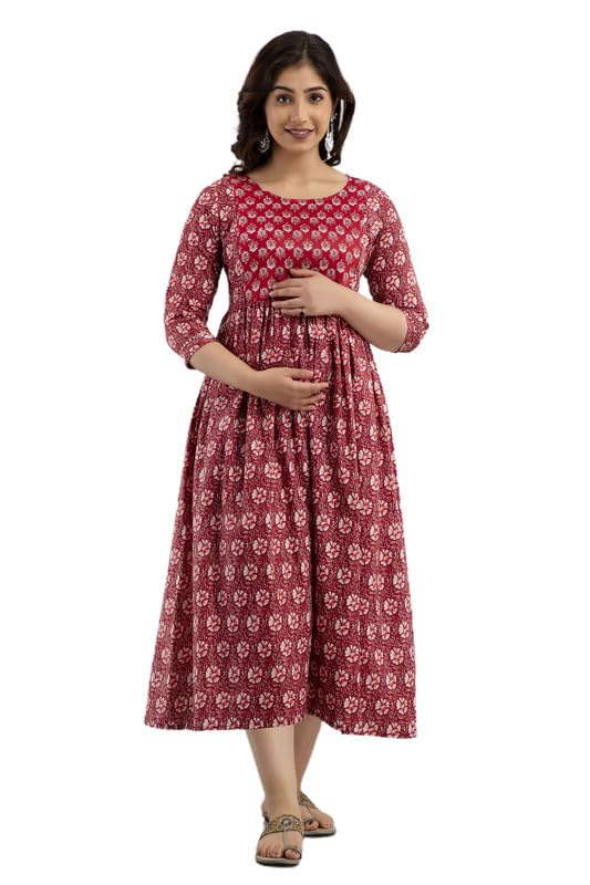 Women Cotton Printed Maternity Gown | Western Dress with Zippers for Nursing Pre and Post Pregnancy Kurta | Feeding Kurti | Maroon-image-49