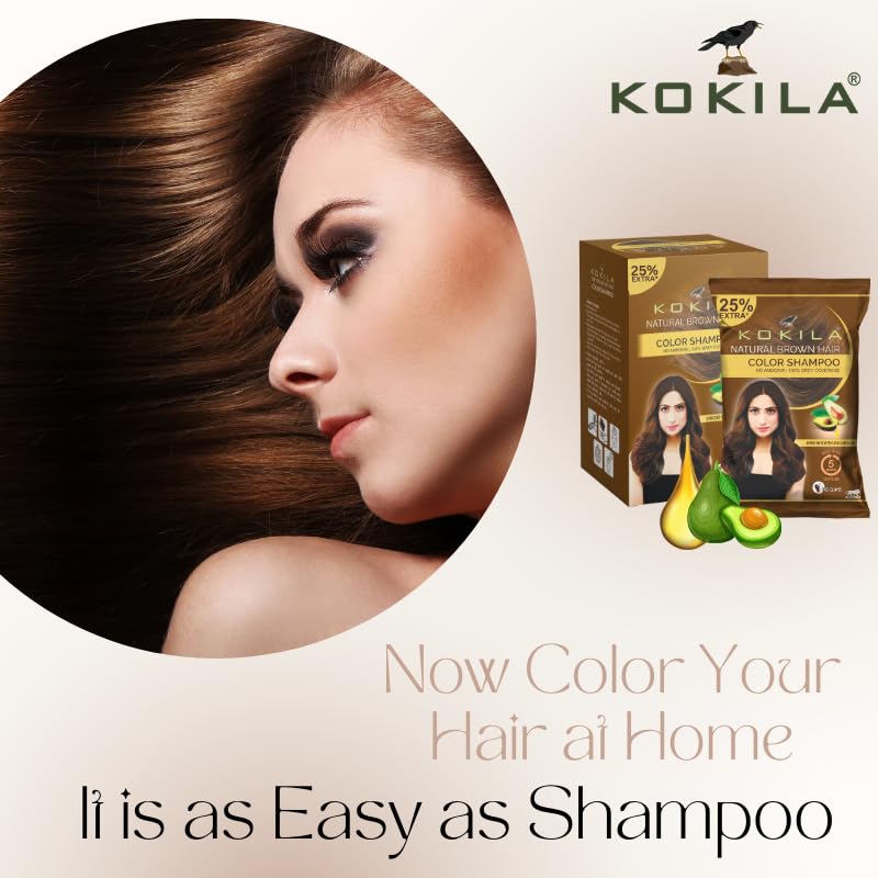 Image of Kokila Unisex Hair Color Shampoo Enriched With Almond Oil in Just 5 Minute, Long-Lasting Instant Hair Color Brown Pack of 15 (18ML Each)