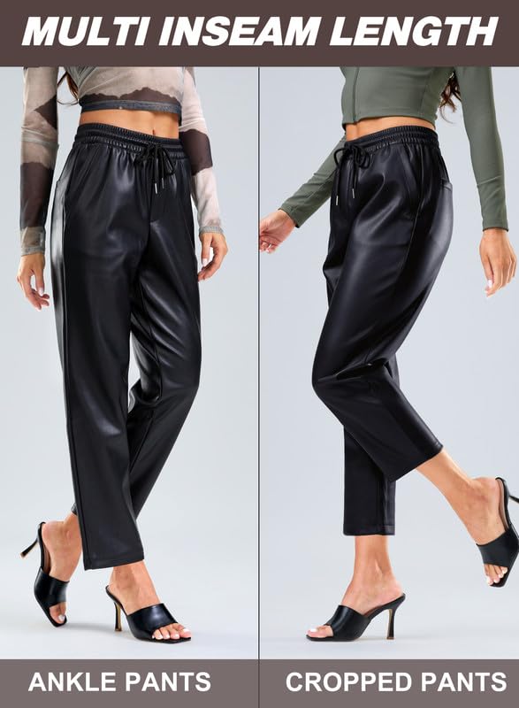 SANTINY Pantalon en similicuir pour femme - Taille haute - Jambe droite - Pantalon court en similicuir végétalien mat pour femme