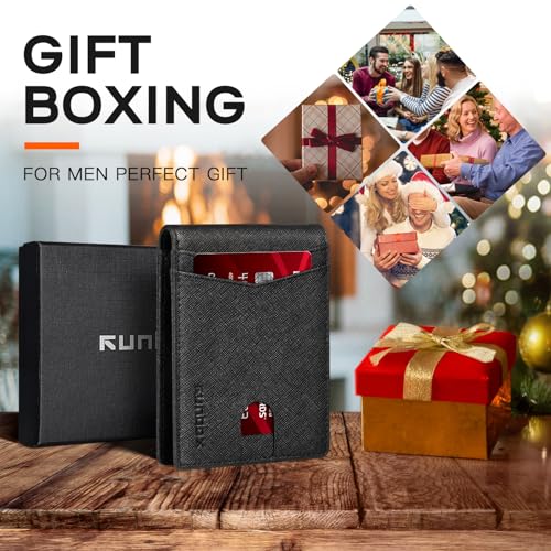 Image of RUNBOX Wallet for Men Slim Leather Bifold RFID Blocking Minimalist Front Pocket Design with Gift Box | Minimalist Front Pocket Design, Holds 8 Cards, RFID Protection, Gifts for Men on Birthdays, Father's Day, and Christmas
