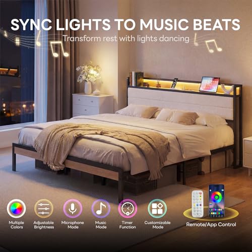 Image of LIKIMIO California King Bed Frame with Storage Headboard and LED Lights, Metal Platform Bed with Charging Station, Noise Free, No Box Spring Needed, Under Bed Storage, Natural and Cream