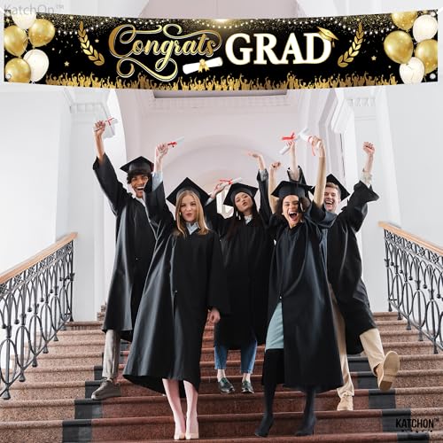 Image of Graduation Decorations 2026 | Xtralarge Black and Gold Congrats Grad Banner - 120x20 Inch | Graduation Banner | Black and Gold Graduation Yard Banner For Class Of 2026 | KatchOn