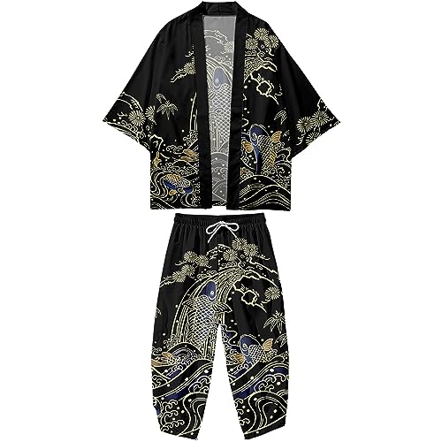 Image of DOSLAVIDA Men's Japanese Kimono Jacket Set Stylish Open Front Coat With Shorts Chinese Style Printed Cardigan Suit