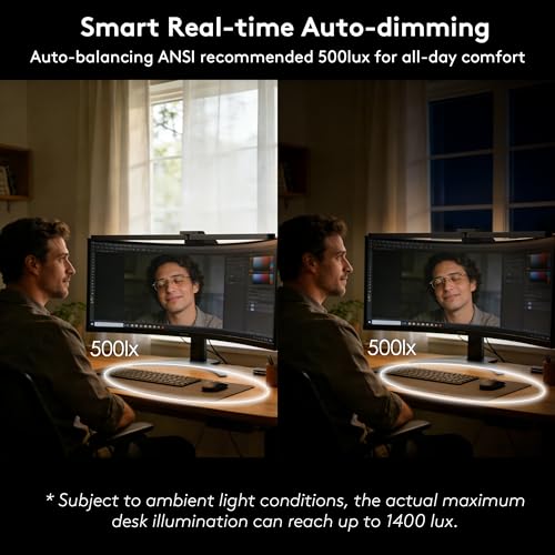 Image of Quntis Curved Monitor Light Bar with Soft Backlight, Dual Curve-Matching Pivoting Arms for 1000R-3000R 34 inch Ultrawide Screens, 1400 Lux CRI 98 Eye Care Desk Light, Auto-Dimming & Remote for Home Office