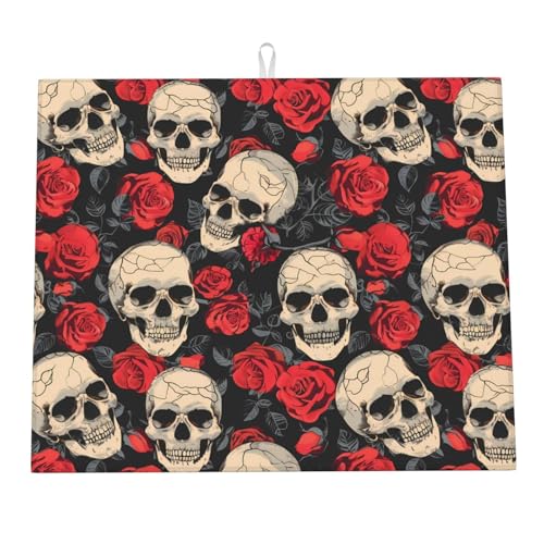 Tappetino Asciugare Piatti Vintage Skull Red Rose Tappetini Bancone Cucina Microfibra Tappetino Scolastoviglie Per Ripiano Per Cucchiai Lavandini Cucine 46X61Cm