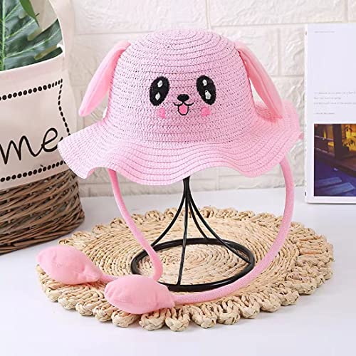 Kids Rabbit Ear Moving Jumping Straw Sun Hat Cute Bunny Fisherman Hat Summer Beach Cap for Girls Boys 4-8Y3