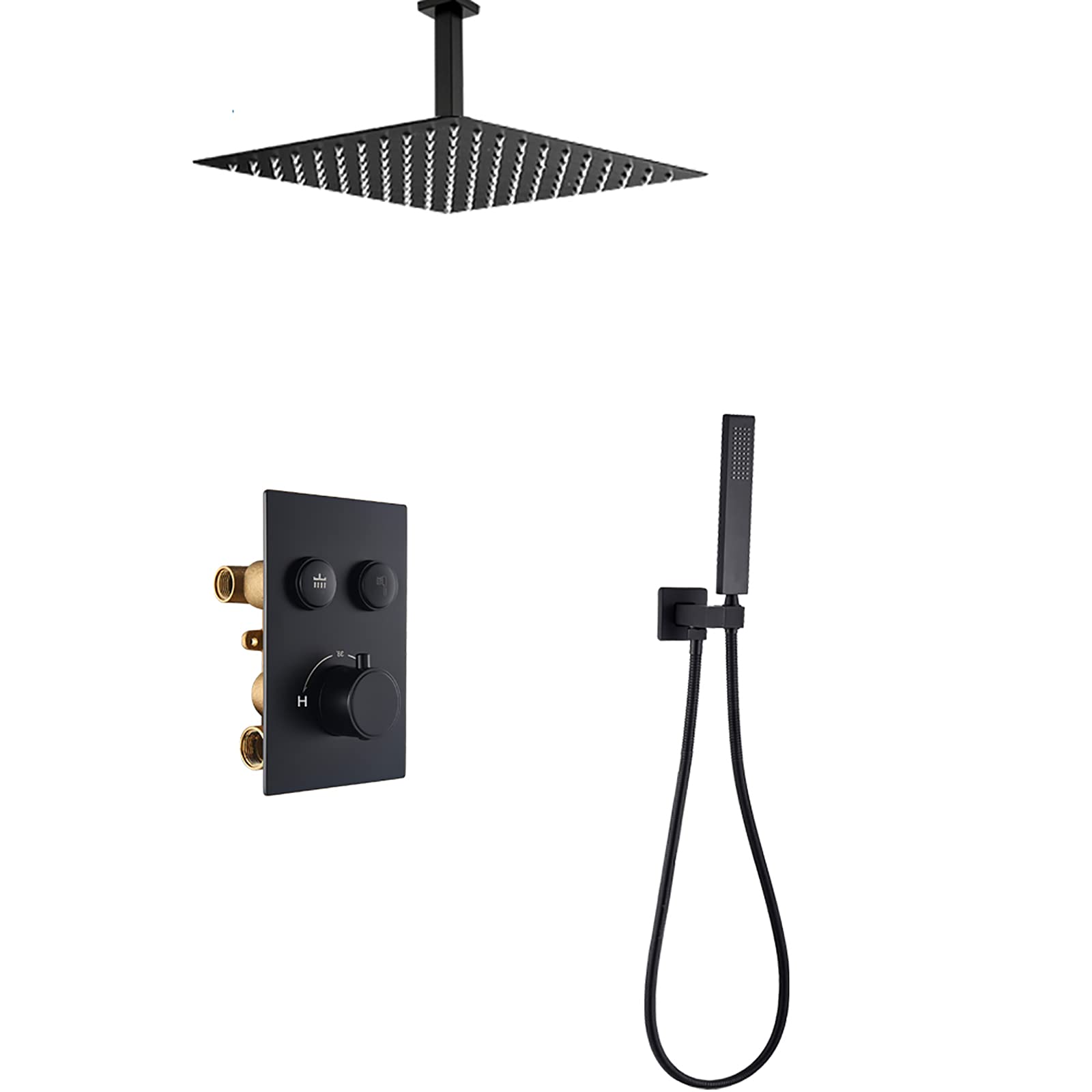 CWCQGH Black Rain Shower Thermostatic Shower Faucet Set Ceiling Mounted Shower Combo Set Brass Rain Mixer Shower with Handheld Shower, Shower Head,8 Inch