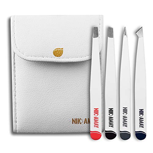 Tweezers Set 4-piece - NikAmay Stainless Steel Slant Tip and Pointed Eyebrow Tweezer Set - Great Precision for Facial Hair, Ingrown Hair, Splinter, Blackhead and Tick Remover