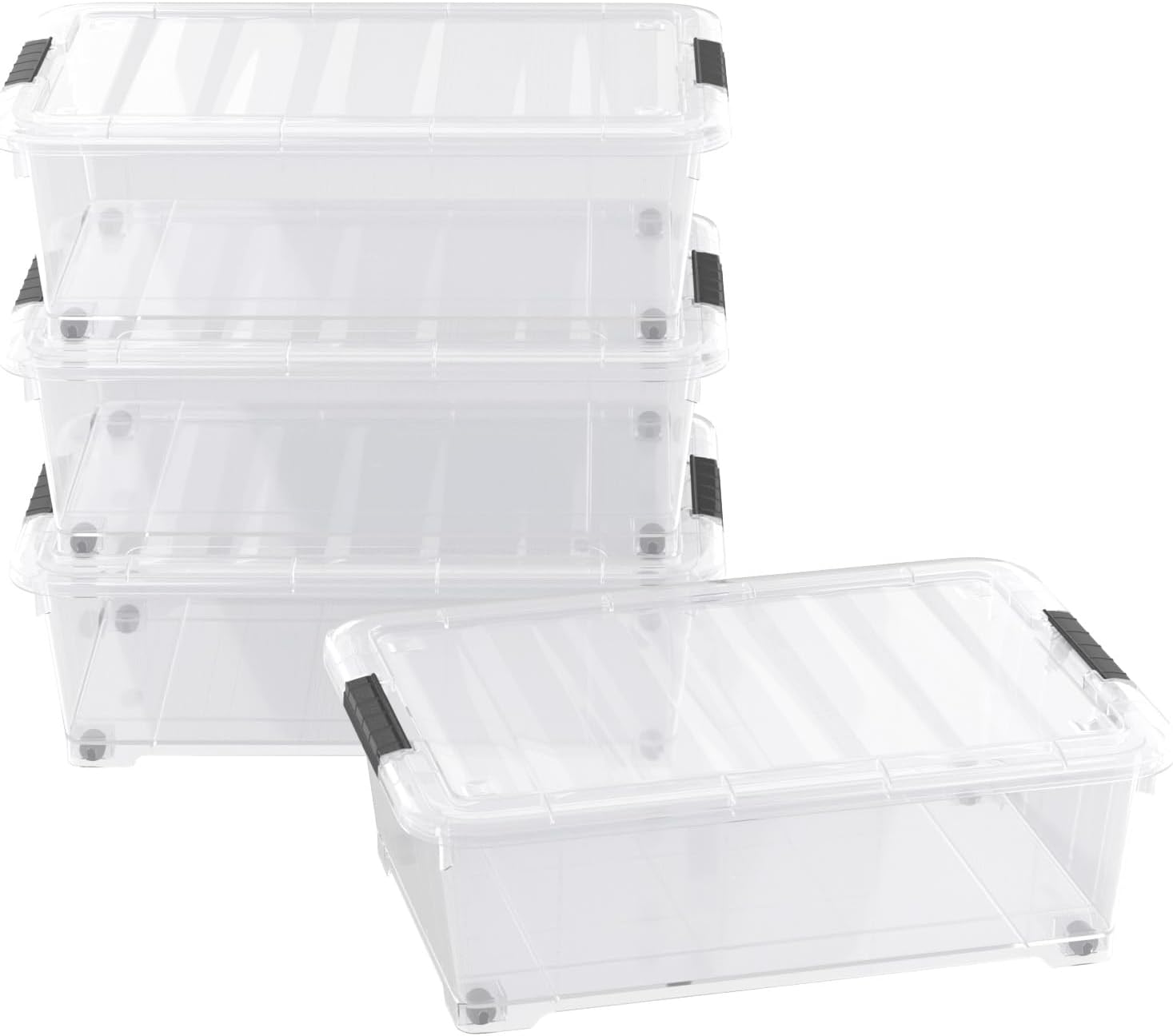 4 Pack 20 L Plastic Underbed Bins with Wheel, Clear Flat Storage Container Boxes