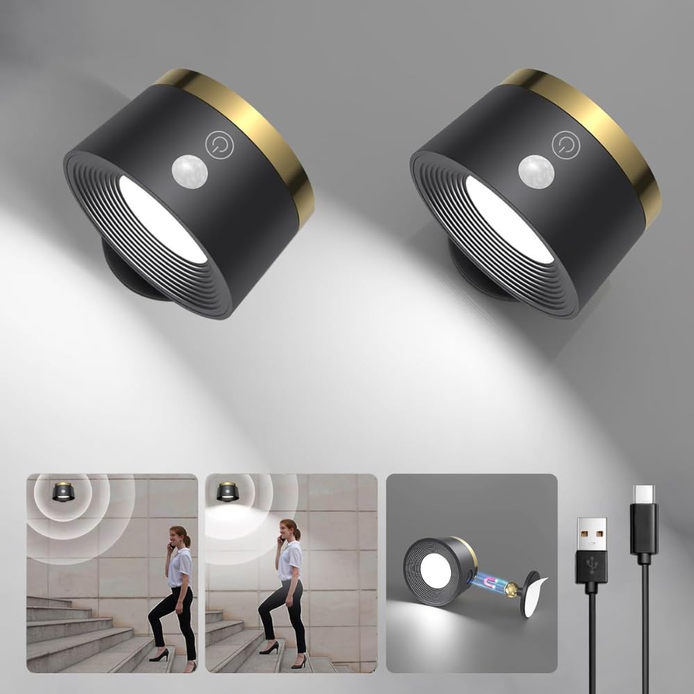 Battery Operated Wall Sconce Set of Two Rechargeable LED Wall Lights Wall Lamp with Motion Sensor for Reading, Bedroom Living Room, Indoor, Black