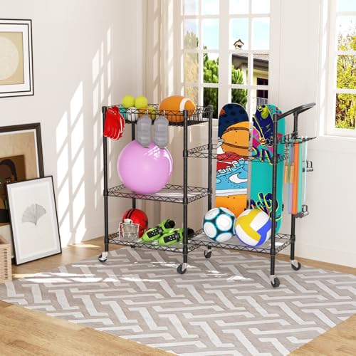 SINGAYE Dumbbell Rack Stand With Yoga Mat Storage, Gym Equipment Organizer, Cart for Workout Room, Home Gym With Hooks and Wheels Black
