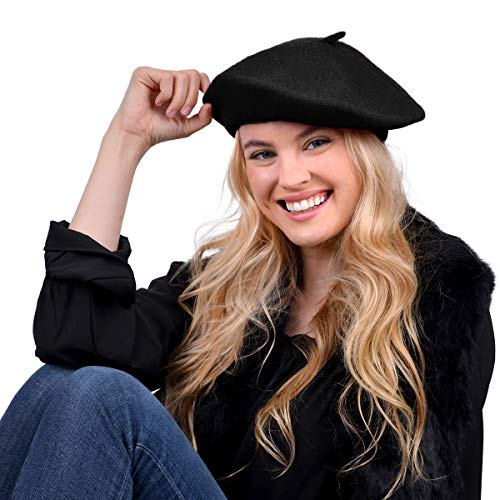 Nollia Women's Solid Color French Beret Wool Material. Classic French, Casual and Chic Lightweight Beanie Cap Hat, Black