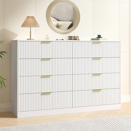 Image of White Fluted Dresser Bedroom with 8 Drawer,55 inch Wide White Double Drawer Dresser Modern Chest of Drawers with Gold Handles,Wood TV Stand for Bedroom,Living Room