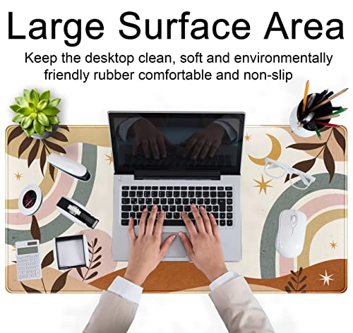 Boho Desk Mat, Abstract Retro Boho Plant Large Mouse Pad, Cute Stars Moon Xxl Gaming Large Mousepad 31.5X15.7 In, Brown Grey Boho Aesthetic Desk Pad For Women Office Decor Laptop Keyboard Mouse Mat #TOP3