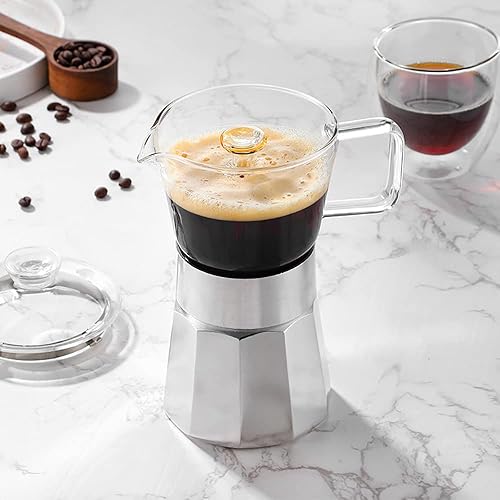 Miniatura 4 de Olla de moka espresso prémium con parte superior de cristal de cristal, cafetera de aluminio para café fuerte con sabor, 469 tazas, 12.7 oz9 tazas