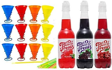 KOVOT Silicone Snow Cone Cups And Flavors Set | Includes 3 Flavor Syrups (Grape, Cherry, Red Raspberry) & (12) Multi-color Cups, Metal Cup Holders and Plastic Straws