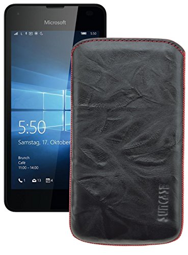 Suncase Leder Etui Tasche für das/Microsoft Lumia 650 / *Ultra Slim* Handytasche Ledertasche Schutzhülle Hülle Hülle mit Rückzuglasche in schwarz mit roten Nähten