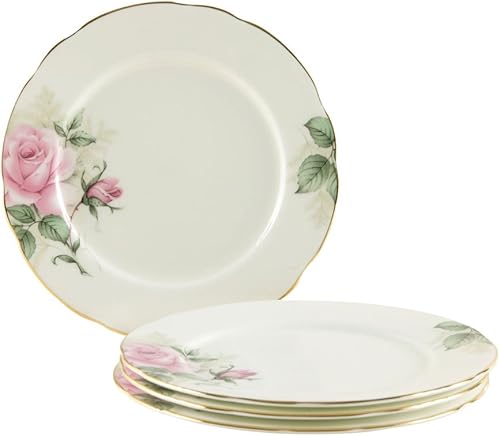 Gracie Bone China - Plato de postre de 7 12 pulgadas, ramo de rosas rosas rosas verdes rosadas, juego de 4, recortadas en oro
