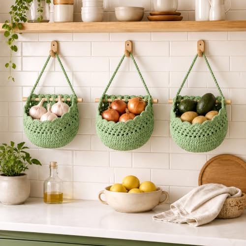 Image of Honeydak 3 Hanging Baskets, Sage Green, Lace, Cotton Rope