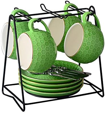 English Tea Set Porcelain Cups With Saucers Spoons Coffee Rack Stand (set of 4) (Green, 4)