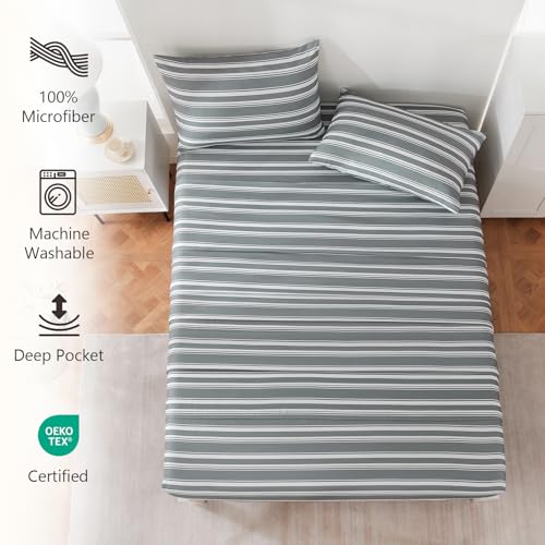 Image of MCO 4Pieces Striped Sheets Set, Breathable Queen Sheet Set with 16 inch Deep Pocket,Modern & Luxury, Brushed Microfiber Bedding Set(Queen, Gray)