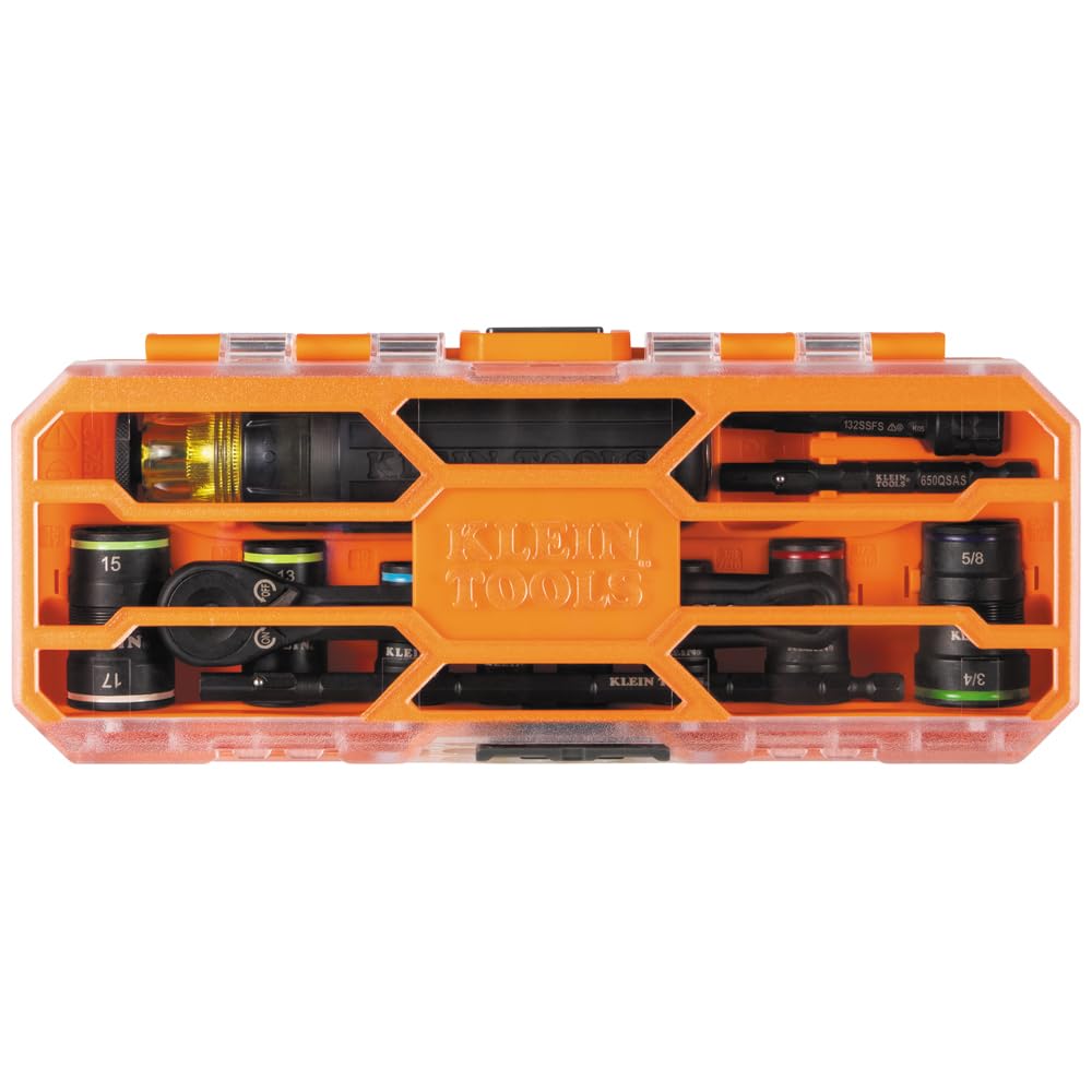 Klein Tools 65242 Zestaw nasadek udarowych KNECT, zestaw wkrętaków zapadkowych, napęd 1/4-calowy, SAE i metryczne gniazda z klapką, 16 rozmiarów sześciokątnych, adaptery, obudowa MODbox