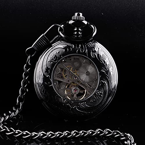 Image of Men's Black Arabic Numerals Mechanical Pocket Watch with Chain,Mechanical Pocket Watches for Men
