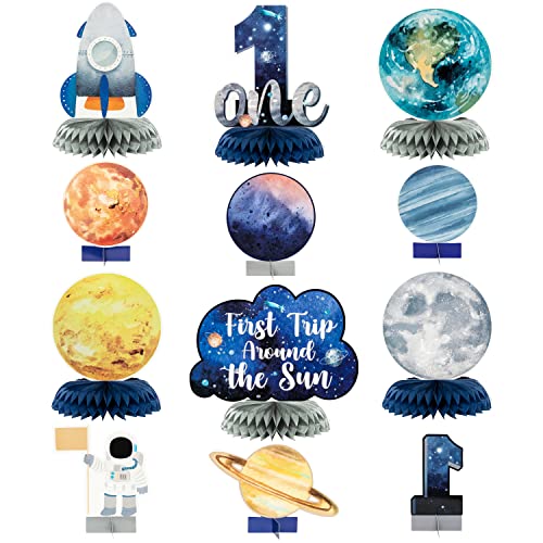 Image of 12Pcs First Trip Around The Sun One Letter Sign Party Honeycomb Table Centerpiece Outer Space 1st Birthday Party Table Decorations Planets Solar System Theme Party Supplies for Boys Baby Shower Photo Props