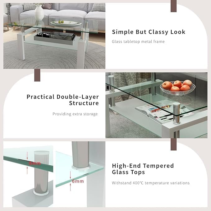Miniatura 8 de Juego de 3 mesas auxiliares y mesa auxiliar de cristal, diseño clásico de 2 niveles, parte superior de vidrio templado y patas de metal sólido, uso
