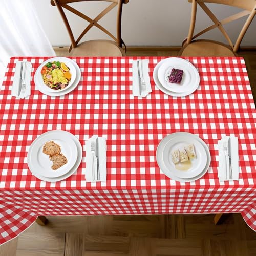 Image of Childom 3 Pack Red and White Checkered Tablecloth 54 inchx108 inch Mothers Day Tablecloths for Rectangle,Disposable Plastic Table Cover for Wedding Home Birthday Picnic Buffet Pizza Party Racing Car Decor