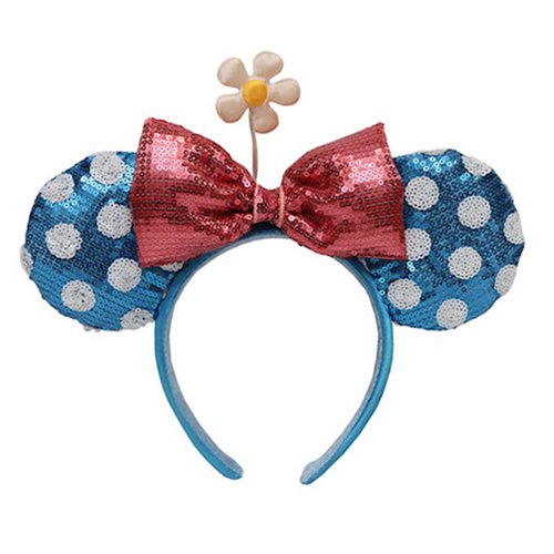 Minnie Mouse Ears Headband Blue Polka Dot with Daisy - Sequined
