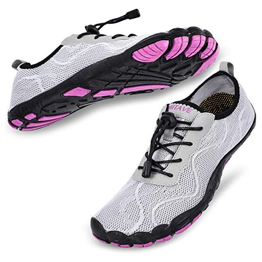 hiitave Women Water Shoes Quick Dry Barefoot Aqua Socks Beach Swim Diving Surf Pool Yoga Light Gray/Purple 7.5 M US Women