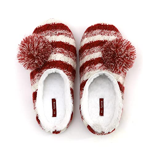 Millffy Zapatillas de punto de las mujeres de espuma de memoria y pompón borroso Hosue dormitorio de las señoras niñas jelly slide, vino, 40/41 EU Cover