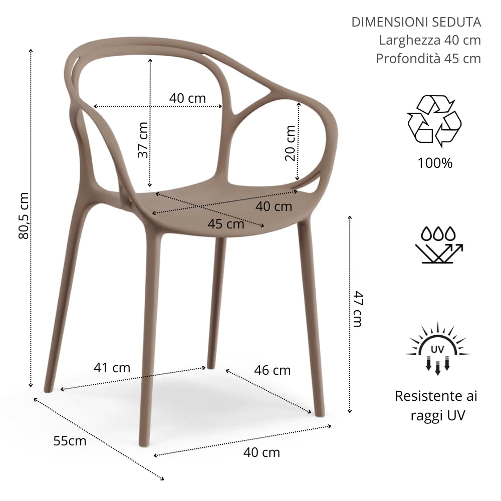 REDÒKASA Set 4 sedie in polipropilene CHIARA, impilabile, design moderno, ideale per sala da pranzo, soggiorno, cucina, sala d’attesa, bar, ristoranti (4, Tortora)