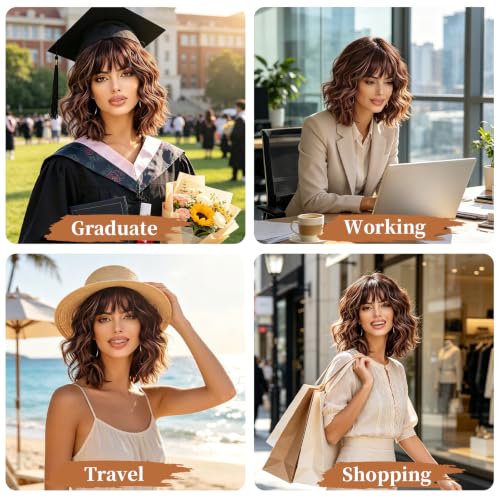 Lativ Brown Highlight Wigs for Women Short Wavy Curly Bob Wig with Bangs Shoulder Length 14 Inches Synthetic Hair for Daily Party Use - Image 4