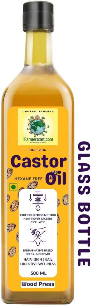 Wood Pressed Castor Oil - 500 ML GLASS BOTTLE | Pure Cold-Pressed Arandi Oil | Edible Grade | Hair Growth Skin Care Eyelashes, Nails | Native Castor Seeds from Tamil Nadu | 100% Natural by Farmers Society
