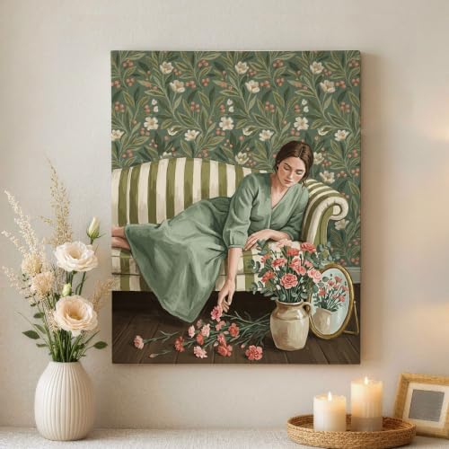 Ilustración de flores vintage verde en lienzo floral para decoración estética de hogar