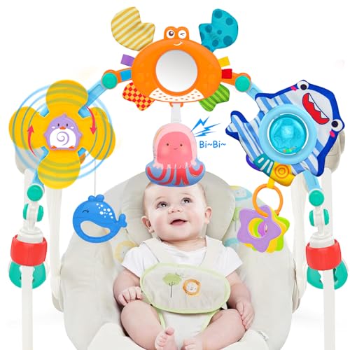 Image of Baby Stroller Arch Toys with Baby Mirror for Infant 0-3-6-12 Month Carseat Bouncer Montessori Toy for Babies Shower Easter Gifts for Newborn 0-6 Month Sensory Development for 4 5 7 8 Months Boys Girls