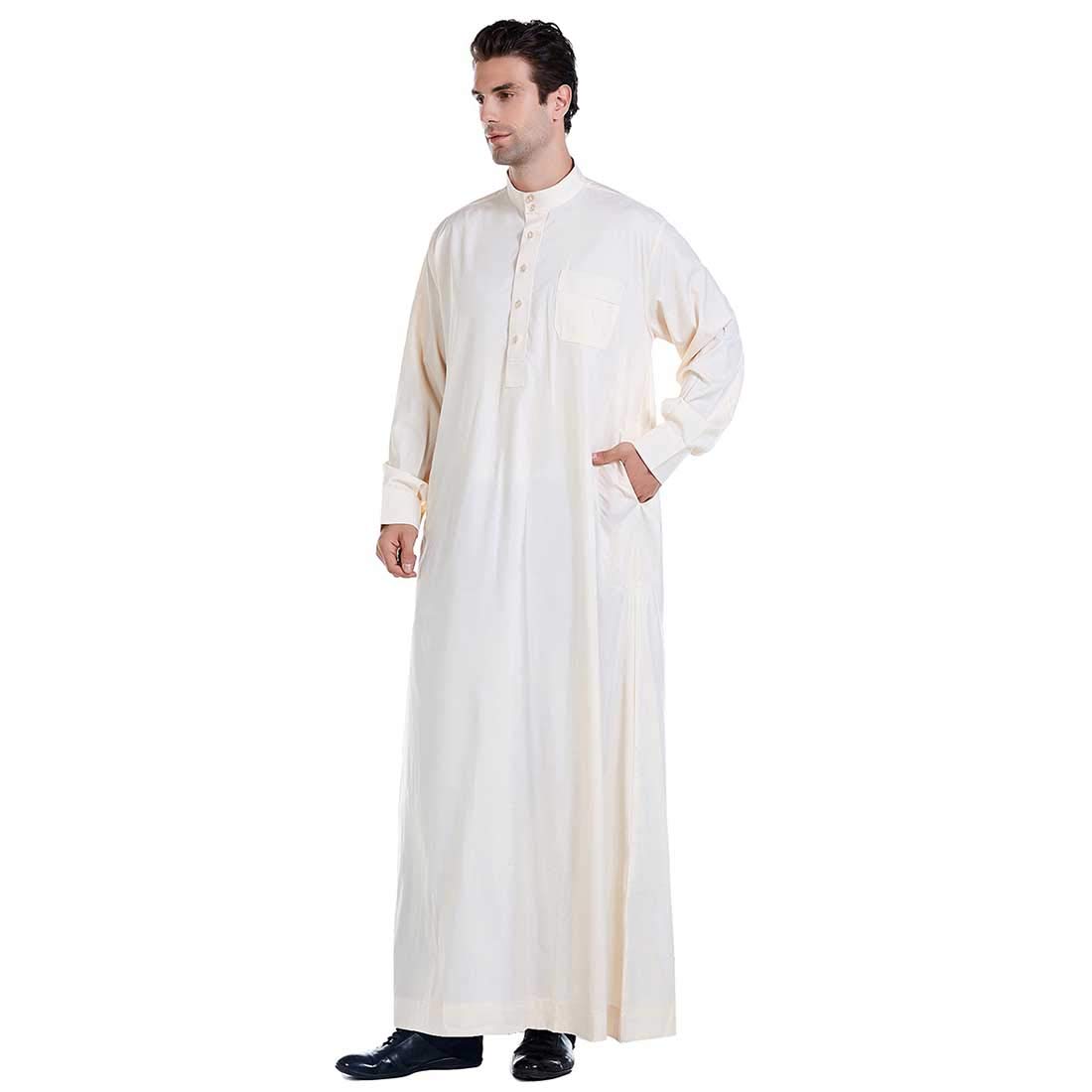 BooW Men Long Sleeve Muslim Thobe Islamic Ramadan Jubbah Middle East Saudi Arab Long Kaftan Robe