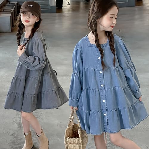 Girls Thin Long Sleeve Denim Dress Square Collar Loose Casual Flowy Swing Jean Dress with Button for Kids 20244