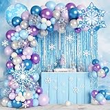 167Pcs Frozenn Balloons Arch Garland Kit, Froozen Birthday Party Decorations Supplies Fringe Curtain Blue Purple Snowflake Balloon for Winter Wonderland Princess Girl Decor