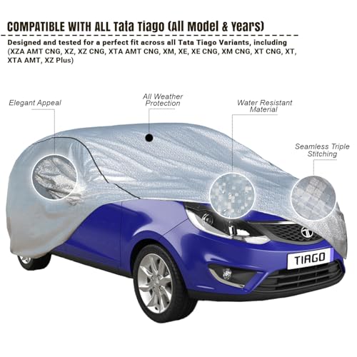 Image of Pivalo Car Cover for Tata Tiago All Model & Years (2016-2025) 100% Waterproof with Mirror Pockets, Triple Stitched Bottom Elastic Dustproof Full Body Protection (Heat & UV Resistant, Silver)