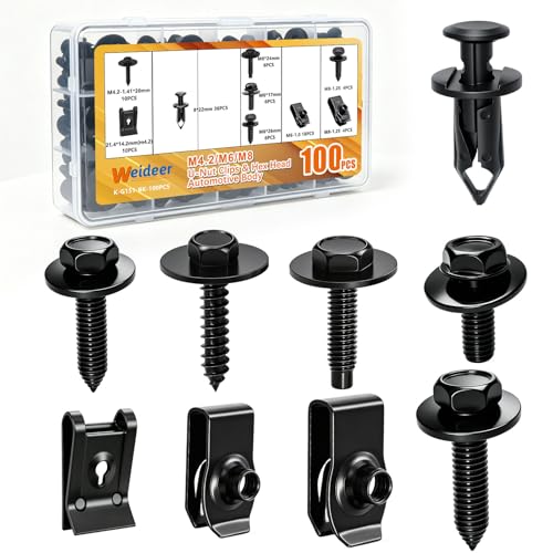 weideer 100PCS M4.2 M6 M8 Universal Fender Liner Screw U Nut Kit,Engine Splash Shield Hex Head Screw U Clips,Push Retainer Fastener Rivet Clips