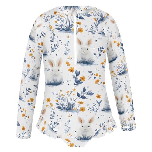 White Rabbit Grass Girls Long Sleeve Swimsuit Rash Guard One Piece Bathing Suits Zipper 3-12T2