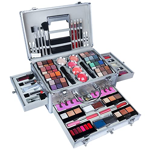 VolksRose Makeup Kit for Women Full Kit, Multipurpose All in One Makeup Gift Set with Eyeshadow Palette Lipstick Concealer Blush Eyeliner Face Powder Lipgloss Brush Eyebrow Cream, Silver