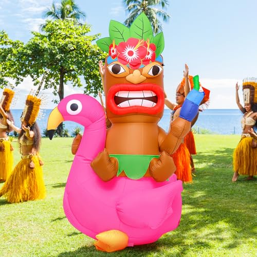 Image of Shappy 5 ft Inflatable Tiki Flamingo Surfboard Luau Hawaiian Party Decorations Summer Inflatables Outdoor LED Lighted Tiki Blow up Beach Tropical Pool Surfing Yard Party Supplies Favors(Delicate)