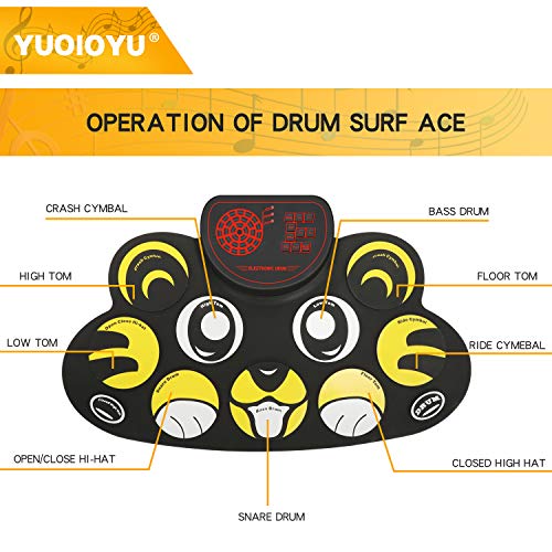 YUOIOYU Electronic Drum Set - 9 Pad Flexible Roll Up Drum Kit Practice Pad with Foot Pedals, Built in Speakers & Drum Sticks, Great Holiday Birthday Gift for Kids/Beginners