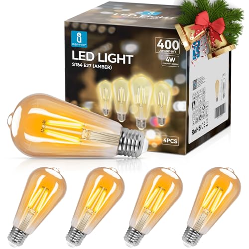 Aigostar ST64 Bombilla Edison Estilo Vintage. Bombilla Led E27 (Casquillo Gordo, 4W (Equivalente A 38W), Bombilla De Filamento Led Blanco Cálido (2200K). Ángulo De Haz 280º. No Regulable. Pack 4 Uds