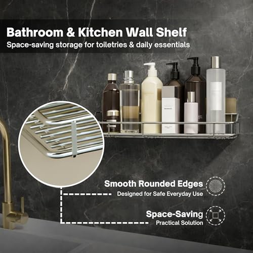 Image of Stainless Steel Bathroom Wall Shelf Without Drill | Self Adhesive No Drill Wall Shelf Storage for Bathroom Kitchen | Wall Mounted Washroom Organiser Shelf Magic Sticker Rustproof (Set of 4)